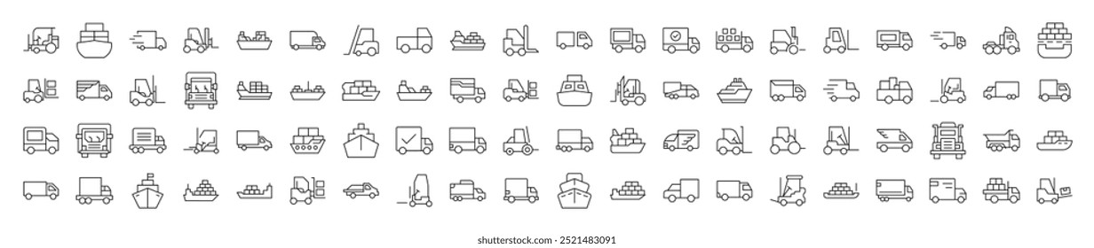 Ship, Van, Tractor Line Icon Pack. Editable Stroke. Minimalistic Linear Pictogram for Design of Cards, Apps, Banners, Posts