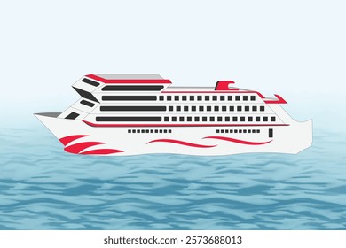 Ship vector design, Ship illustration, White cruise ship, liner, boat swim at South sea, Pacific, Atlantic ocean. Traveling by ship, booking voyage tickets concept. Calm good weather day marine, free