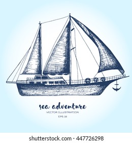Ship vector  design template. sailboat or frigate icon. Drawn in ink, vintage illustration for design.