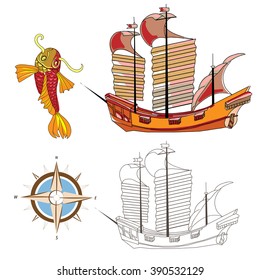 ship vector drawing old Chinese wind rose
