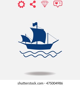 Ship vector icon on grey background.
