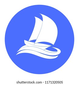 Ship vector icon, yacht on waves, white and blue