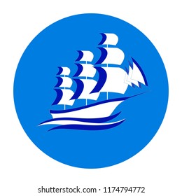 Ship vector icon, yacht on waves, white and blue