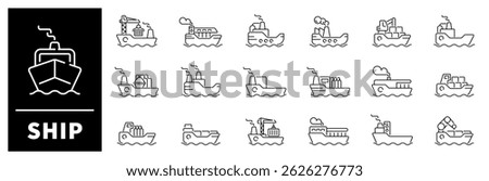 Ship vector icons. Ship icon set. Cruise ship, boat, cruise liner, ship related icons. Editable stroke, thin line icons set