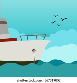 Ship vector Illustration. Styled white ship on the ocean, sea