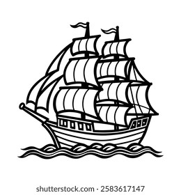 Ship Vector Ship Logo Design Pirate Ship Vector illustration. A classic, black and white line art illustration of a large sailing ship.