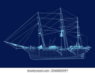 ship vector wireframe vector illustration. vintage Sailing boat. Side view. 3D