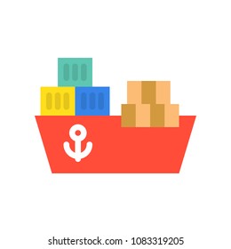 Ship vessel and container boxes, shipping and logistic icon in flat style