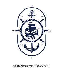 Ship And Vintage Ship Wheel Logo Design Icon Vector. Compas, Anchor, Ship Steering Wheel Illustration