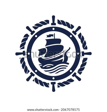 Ship and vintage ship wheel logo design icon vector