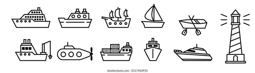 ship water sea vehicle transportation icon boat galley and mercusuar bundle