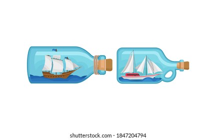 Ship and Watercraft in Glass Corked Bottle Vector Set