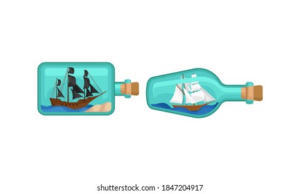 Ship and Watercraft in Glass Corked Bottle Vector Set