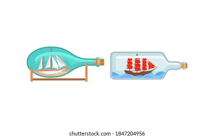 Ship and Watercraft in Glass Corked Bottle Vector Set