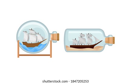 Ship and Watercraft in Glass Corked Bottle Vector Set