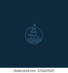 Logotipo da arte da linha do navio e da onda simbolizando a viagem e a aventura no oceano.