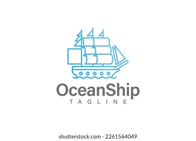 Ship and wave logo design vector with line art or monoline style
