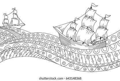 Ship waves black white graphic abstract doodle pattern sketch illustration vector