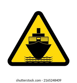 Ship and waves, warning yellow triangular sign isolated on white background, vector illustration