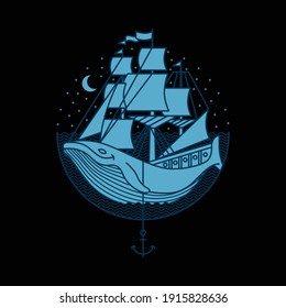 Ship whale animal sea graphic illustration vector art t-shirt design