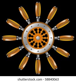 ship wheel against black background, abstract vector art illustration