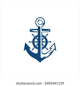 Ship wheel and anchor for boat ship yacht nautical transport logo design vector inspiration