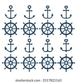 Roda do navio e conjunto de ícones de âncora. Volantes barco e navio âncoras símbolos marinhos e navais ilustração vetor isolado