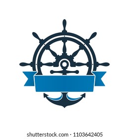 Ship wheel and anchor with label on white background. Nautical symbol design.