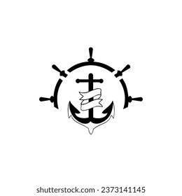 Ship wheel and anchor logo design vector inspiration.