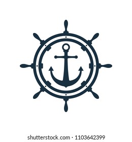 Ship wheel and anchor on white background. Nautical icon design.