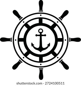 Icono del Vector de la silueta de la rueda y del ancla de la nave para el diseño marítimo náutico