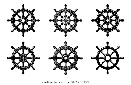 Ship wheel collection set on transparent background nautical steering wheel icons marine navigation equipment.