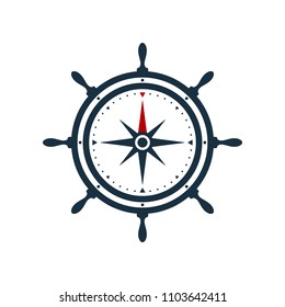 La rueda de los barcos y la brújula se elevan sobre fondo blanco. Diseño de iconos náuticos.