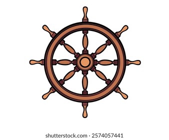 Ship wheel with detailed wooden spokes and metal accents. Perfect for nautical, sailing, or maritime designs. Vector illustration