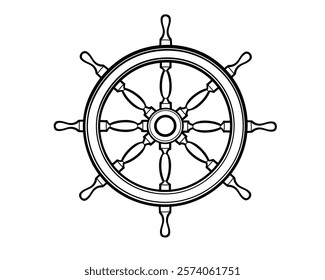 Ship wheel with detailed wooden spokes and metal accents. Perfect for nautical, sailing, or maritime designs. Vector illustration