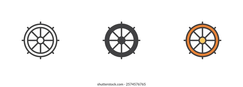 Ship wheel different style icon set. Line, glyph and filled outline colorful version, outline and filled vector sign. Nautical rudder symbol, logo illustration. Vector graphics