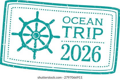 Ship wheel and distressed postage frame with ocean trip text and date in rough print. Concept of voyage, adventure, journey, and cruise branding. Cartoon vector illustration.