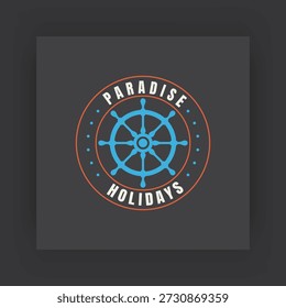 Emblema de la rueda del barco. Logotipo náutico circular yachting estilizado, viaje marino, ocio de crucero y vacaciones en el océano. Logotipo de mar de viaje para vacaciones paradisíacas, ilustración de etiqueta de diseño mínimo.
