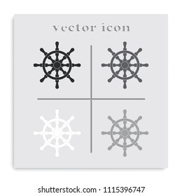 Ship wheel flat black and white vector icon.
