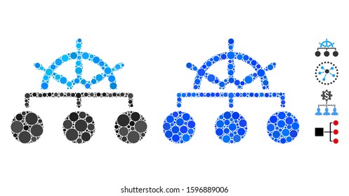 Ship wheel hierarchy mosaic of circle elements in different sizes and color tinges, based on ship wheel hierarchy icon. Vector circle elements are composed into blue illustration.