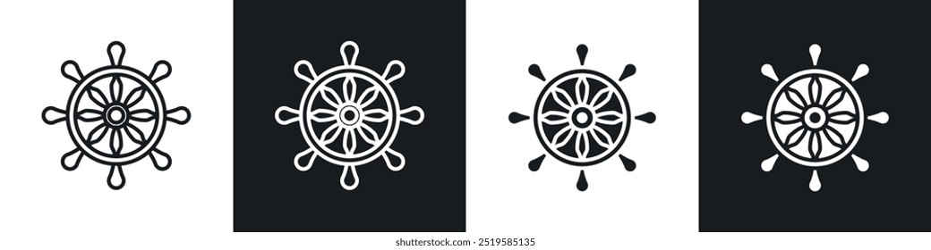 Colección de icono de rueda de barco en blanco y negro relleno y estilo de línea de trazo.