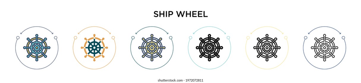 Ship wheel icon in filled, thin line, outline and stroke style. Vector illustration of two colored and black ship wheel vector icons designs can be used for mobile, ui, web