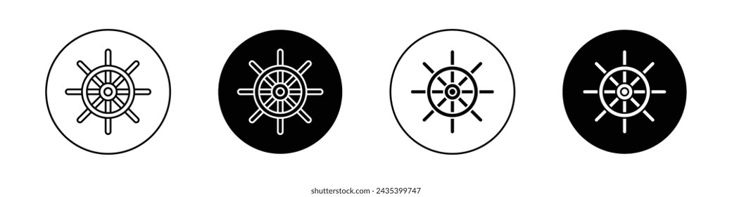 Conjunto de iconos de la rueda de envío. Símbolo vectorial del timón de dirección del barco capitán en un estilo negro lleno y perfilado. Viejo Buque Naval Rueda de Goma Señal.