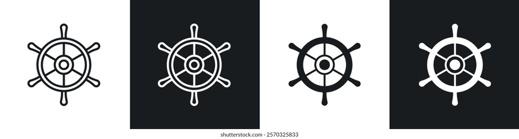 Ship wheel icons vectors set in black. line and flat versions