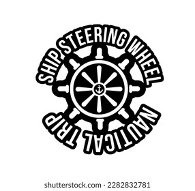 Ship wheel label black and white. Travel and adventure, nautical trip. Ship and boat, vessel. Sticker for social networks and messengers. Cartoon flat vector illustration