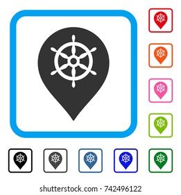 Ship Wheel Marker icon. Flat grey iconic symbol in a light blue rounded rectangular frame. Black, gray, green, blue, red, orange color variants of Ship Wheel Marker vector.