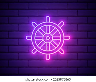 Ship wheel neon icon. Elements of summer set. Simple icon for websites, web design, mobile app, info graphics isolated on brick wall.