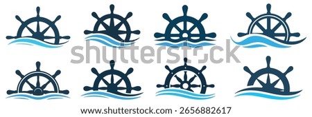 Ship Wheel and Ocean Wave Logo Set | Nautical Steering Helm Icon Collection