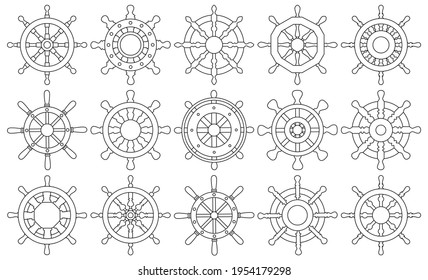 Ship wheel outline vector set illustration of icon.Outline vector collection icon helm of ship. Isolated illustration of set wheel boat on white background.