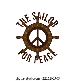 Schiffsrad. Schiffszahn mit einem Friedenssymbol innen. Der Seeleute für den Frieden. Segler, Boot, See, Segeln auf freier Vektorgrafik